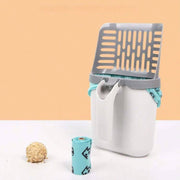 Cat Litter Poop Picker showing detachable shovel resting on bin with included poop bag roll, ideal for hygienic pet waste disposal.